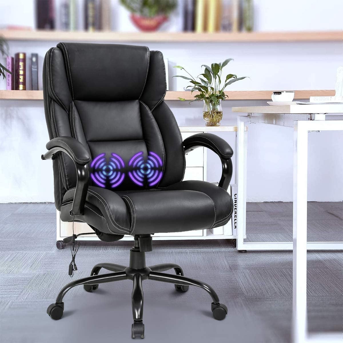 Managerial PU Leather Office Chair 500lbs Massage Computer Chair Ergonomic Wide Seat Desk Chair Heavy Duty Metal Base Swivel Rolling Chair with Lumbar Support and Thicken Armrest