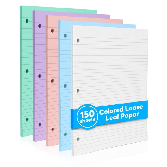 Manaloom Colored Loose Leaf Filler Paper, 150 Sheets, College Ruled, 8.5 x 11 in