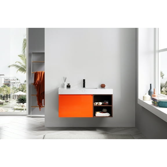 Manarola 42" Red Amber with Thick Quartz Wall Mount Bathroom Vanity, Open Shelf