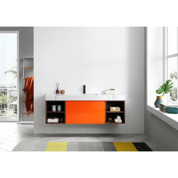 Manarola 60" Red Amber with Thick Quartz Wall Mount Bathroom Vanity, Open Shelf