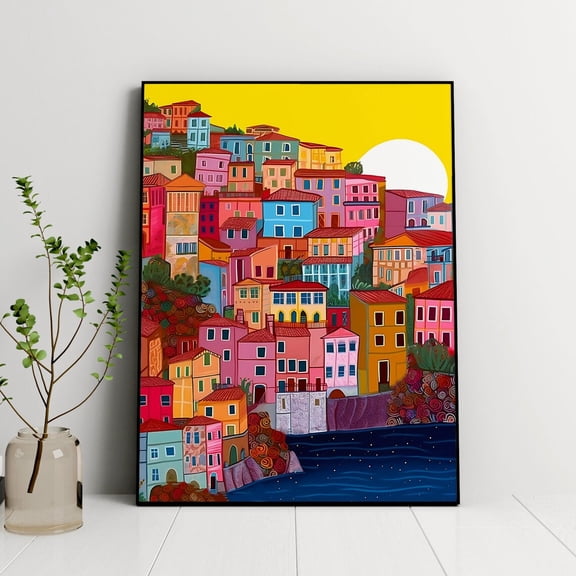 Manarola Illustration Cinque Terre Italian Coastline Decor, Unframed Canvas 24x36in