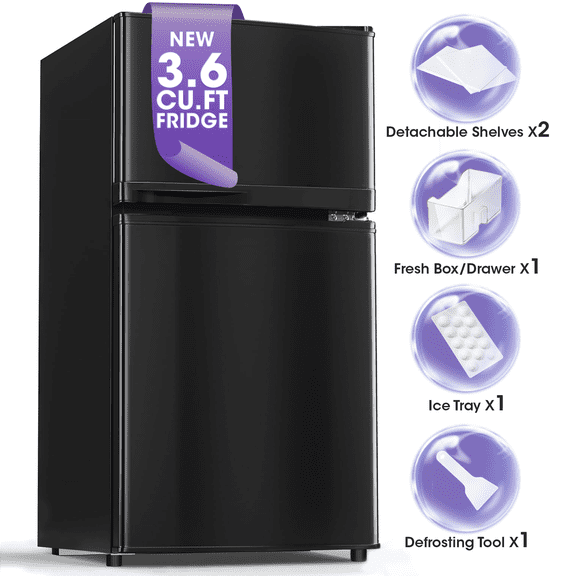 Patiosunny 3.6 Cu.Ft 2 Door Mini Fridge with Freezer, 7 Level Adjustable Thermostat, Small Refrigerator for Home, Office, Kitchen, Dorm and Bedroom (Black)