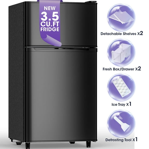 Manastin 3.5 Cu.Ft 2 Door Mini Fridge with Freezer, 7 Level Adjustable Thermostat, Small Refrigerator for Home, Office, Kitchen, Dorm and Bedroom (Black)