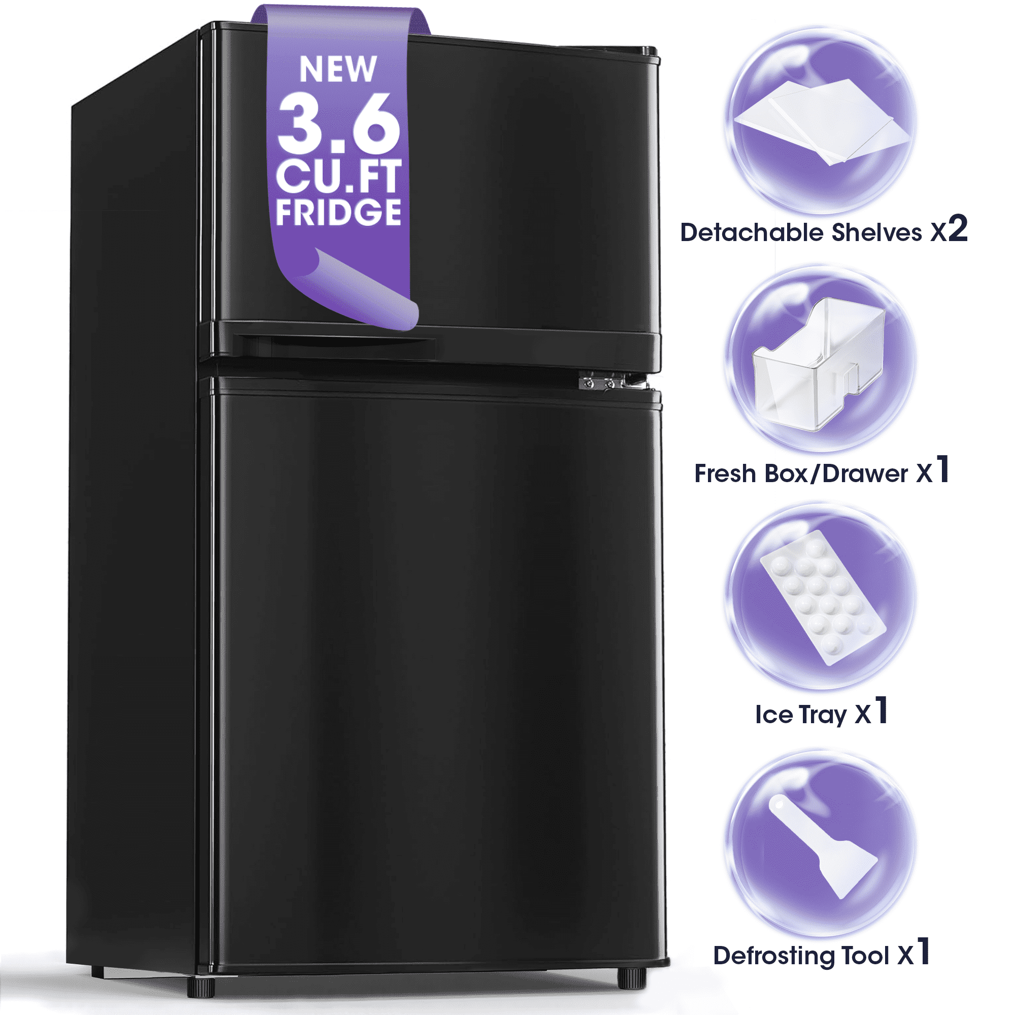 Patiosunny 3.6 Cu.Ft 2 Door Mini Fridge with Freezer, 7 Level Adjustable Thermostat, Small Refrigerator for Home, Office, Kitchen, Dorm and Bedroom (Black)