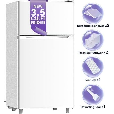 Patiosunny 3.5 Cu.Ft 2 Door Mini Fridge with Freezer, 7 Level Adjustable Thermostat, Small Refrigerator for Home, Office, Kitchen, Dorm and Bedroom (Pearl White)