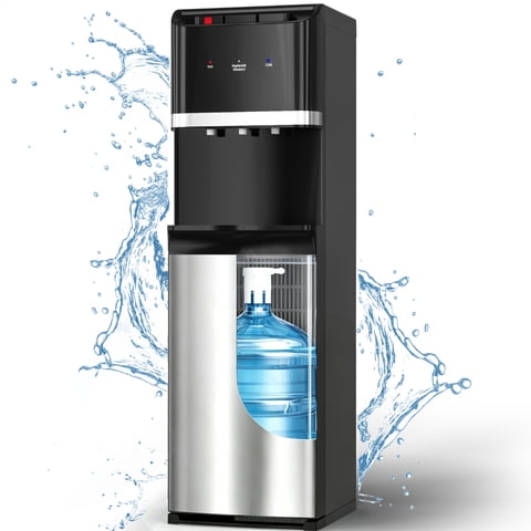 UrbanSync Bottom Loading Water Cooler Dispenser for 5 Gallon Bottle, Stainless Steel, 3 Temperature Settings - Hot, Cold & Room Water with Child Lock, Water Shortage Alert, Raven Black