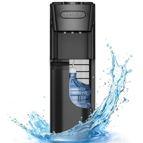 UrbanSync Bottom-Mounted Water Dispenser, 3 Temperatures (Hot, Cold, and Room), with Safety Lock, LED Lighting, Empty Bottle Alert, Black