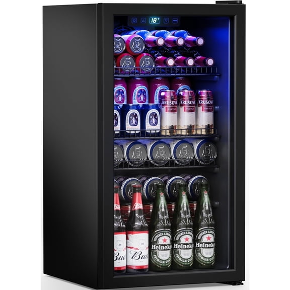 Patiosunny 130 Can Beverage Refrigerator Cooler 3.2 Cu.ft Mini Fridge with Glass Door & Adjustable Shelves, for Home/Office/Bar