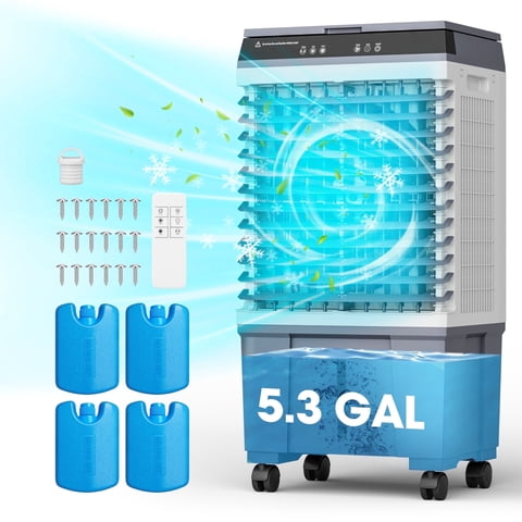 UrbanSync Evaporative Air Cooler, 3d Cooling, 5.3 Gallon Tank, 3 Speeds, 12 Hour Timer, 4 Ice Boxes, Indoor or Outdoor Use, Energy-Saving