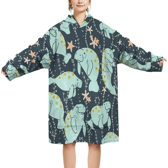 Manatee Animal Blanket Hoodie Sweatshirt, Fleece Pullover with Large Front Pocket, for Adults Men Women