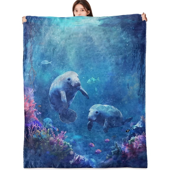 Manatee Blanket Lightweight Flannel Blankets Gifts for Adults Dreamy Underwater Marine Life with Colorful Coral and Fish Printed Throw for Couch Chair Office Bedroom Decor, 50 x 60 inch
