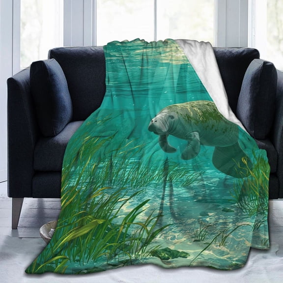 Manatee Blanket Sea Cow Marine Life Undersea, Lightweight Plush Flannel Throw, Artistic Aquatic Nature Accent 50x40