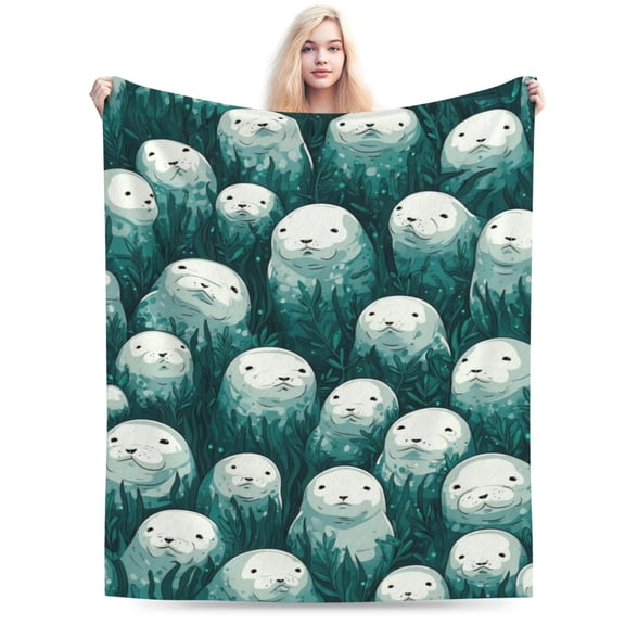Manatee Blanket Serene Undersea Garden Pattern, Warm Soft Flannel Throw For Living Room, Moody Green Aesthetic Bedding 50x40