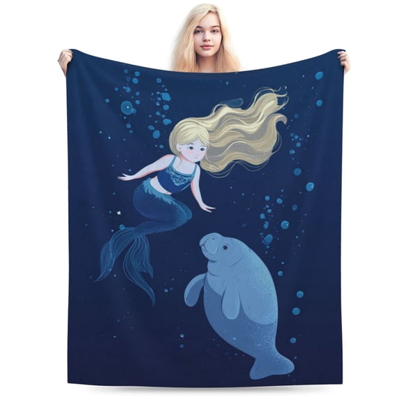 Manatee Blanket Whimsical Sea Maiden Sea Cow, Lightweight Plush Flannel Throw, Artistic Fairy Tale Home Accent 50x40