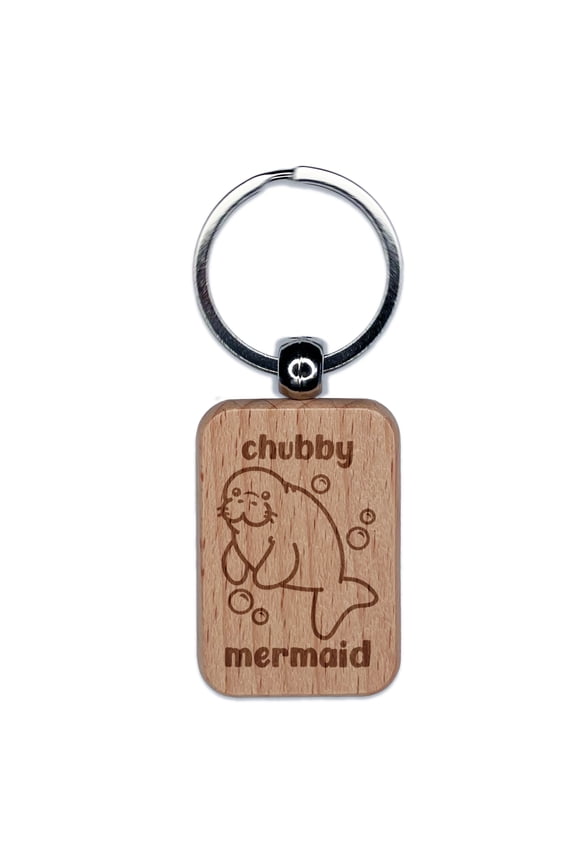 Manatee Chubby Mermaid Rectangle Keychain Charm Tag - Engraved Wood