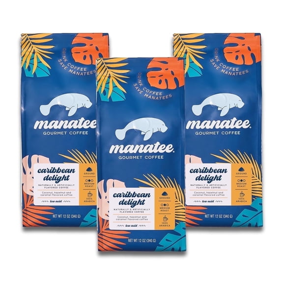 Manatee Gourmet Coffee, Ground, Medium Roast, Caribbean Delight, 12 oz Bags (pack of 3) 36 oz