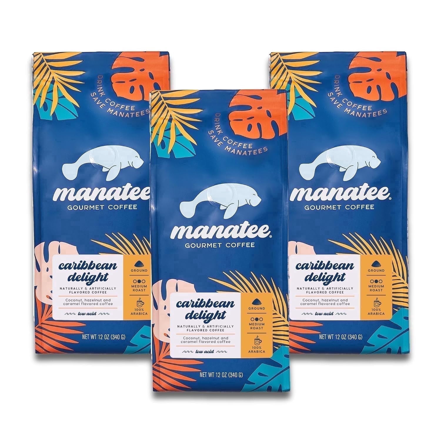 Manatee Gourmet Coffee, Ground, Medium Roast, Caribbean Delight, (3 - 12 oz Bags) 36 oz