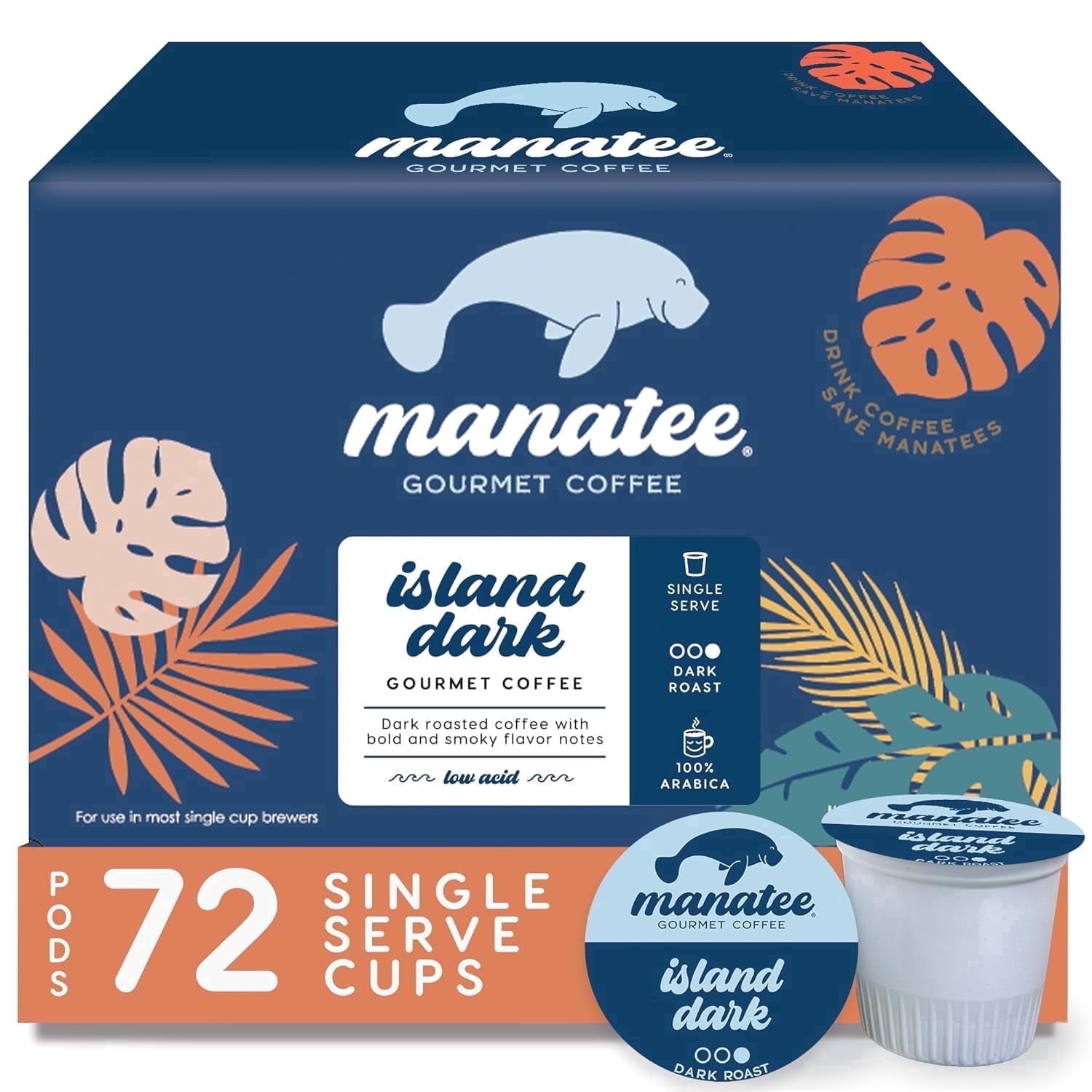 Manatee Gourmet Coffee Single Pods for Keurig K-Cup Brewers, Dark Roast, Island Dark, 72 Count