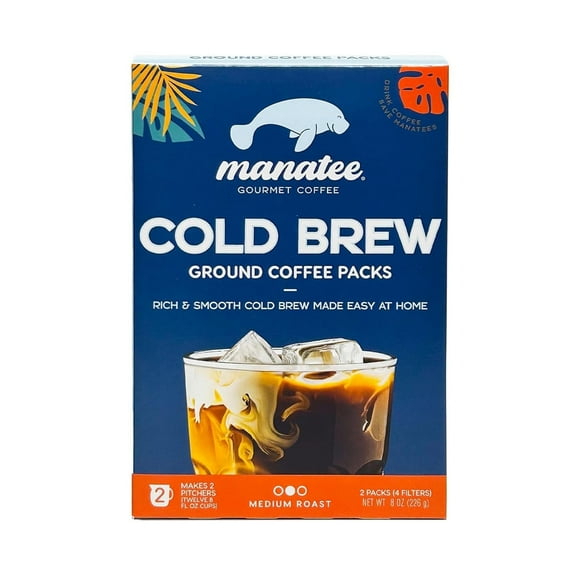Manatee Gourmet Cold Brew Ground Coffee Packs, Medium Roast, 2 filter pouches, 8 oz.