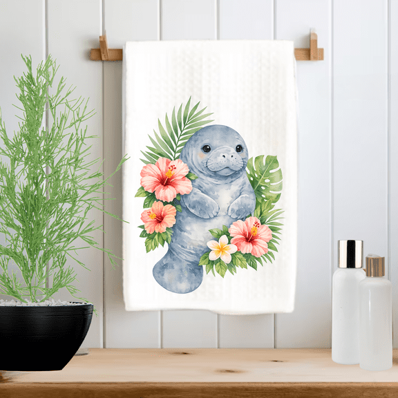Manatee Kitchen Towel 16x24 Waffle Weave Dish Drying Cloth Tropical Hibiscus Coastal Beach Decor