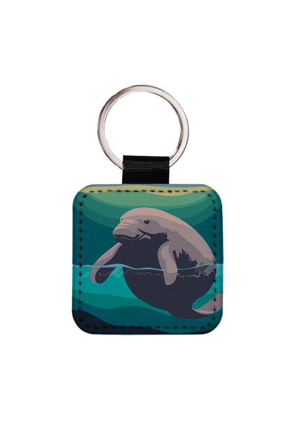 Manatee Ocean Sea Animal Faux Leather Square Keychain