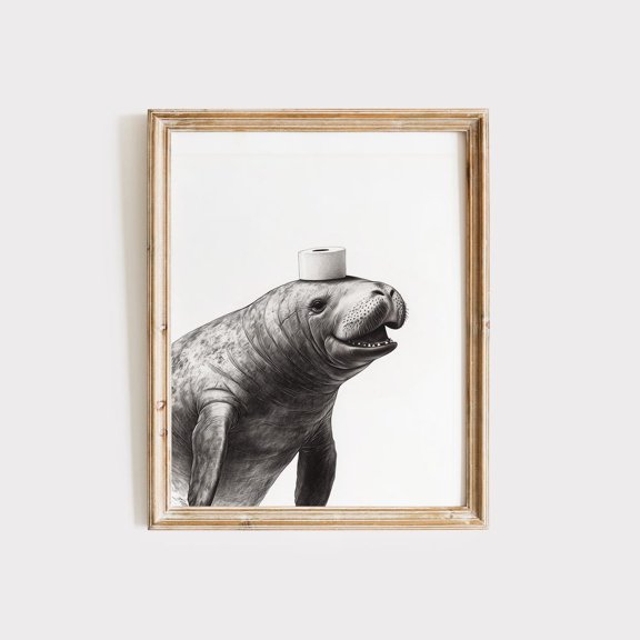 Manatee Print Black And White Animal Bathroom Wall Art Cute Manatee Art Print Bathroom Wall Art Manatee Gift Download Decor POSTER Wall Art