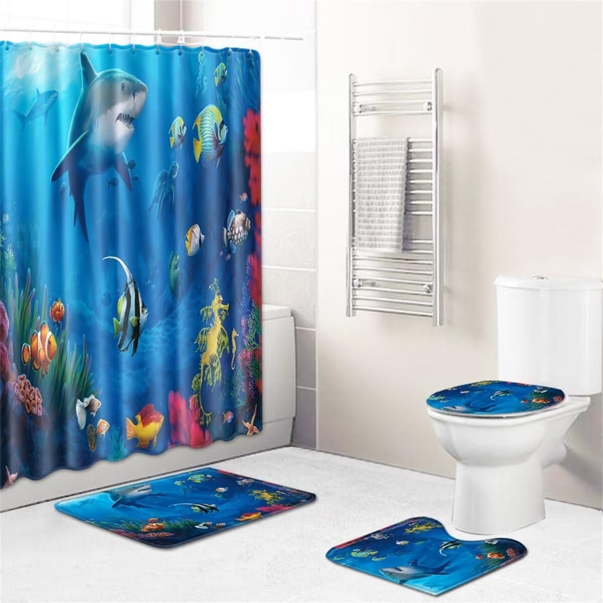 Manatee Shower Curtain Set Blue Ocean Marine Animal Waterproof Bath Curtain Sets with Non Slip Rugs 4pcs Bathroom Decor Accessories