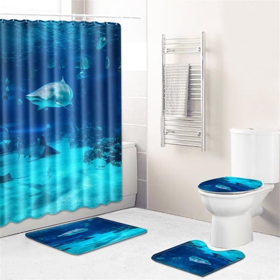 Manatee Shower Curtain Set Blue Ocean Marine Animal Waterproof Bath Curtain Sets with Non Slip Rugs 4pcs Bathroom Decor Accessories