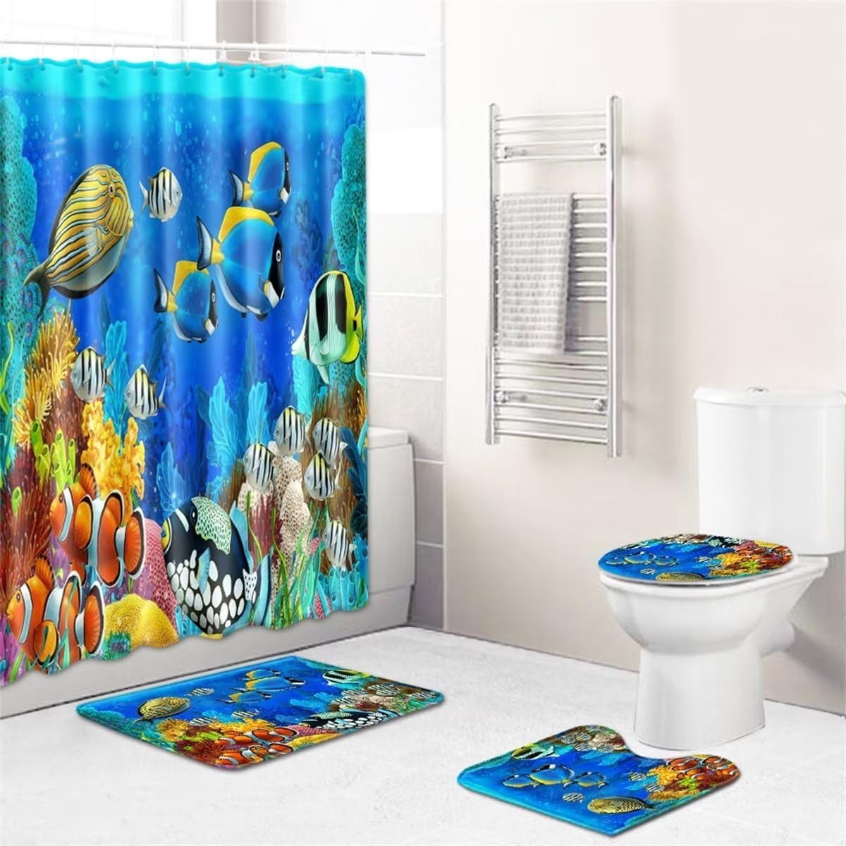 Manatee Shower Curtain Set Blue Ocean Marine Animal Waterproof Bath Curtain Sets with Non Slip Rugs 4pcs Bathroom Decor Accessories
