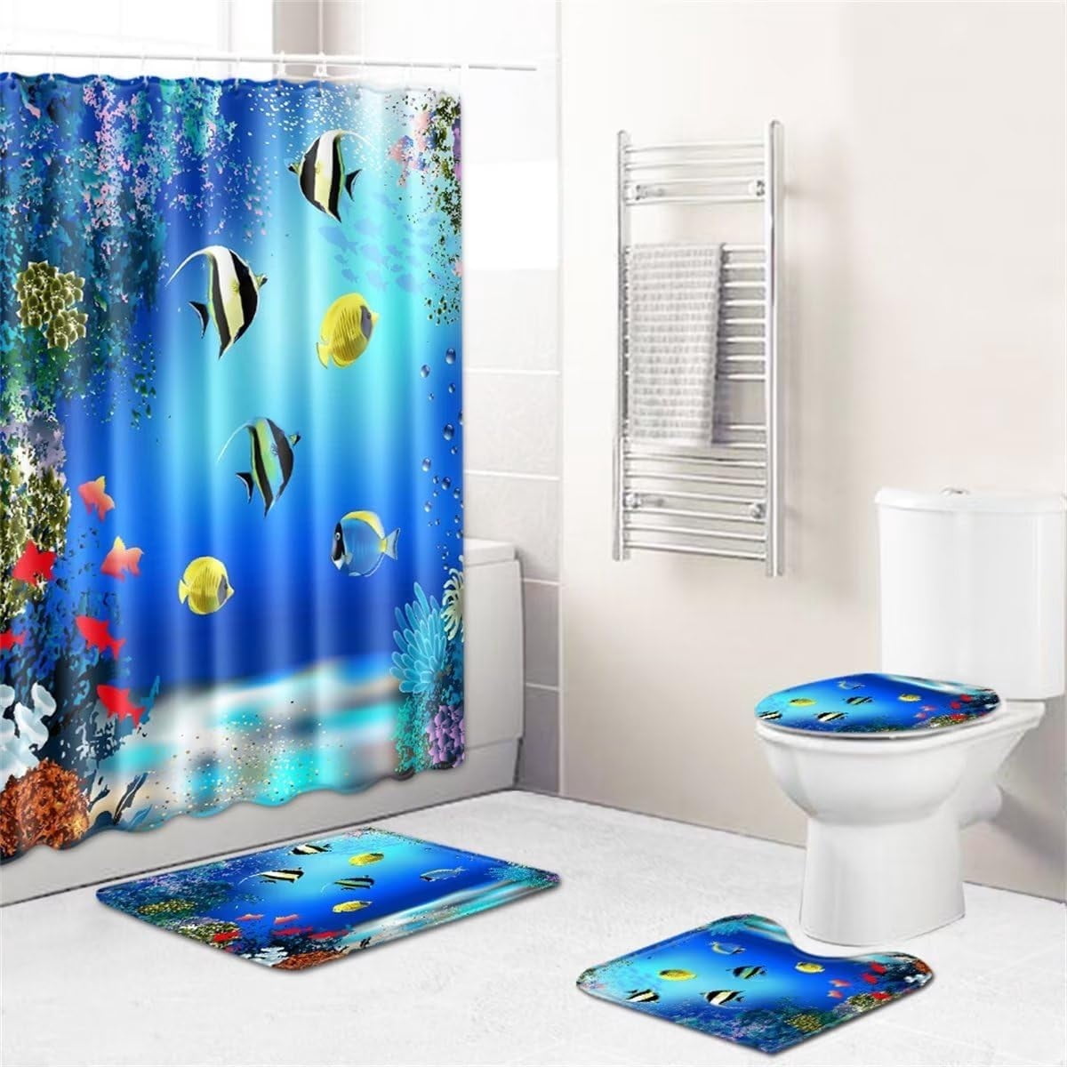 Manatee Shower Curtain Set Blue Ocean Marine Animal Waterproof Bath Curtain Sets with Non Slip Rugs 4pcs Bathroom Decor Accessories