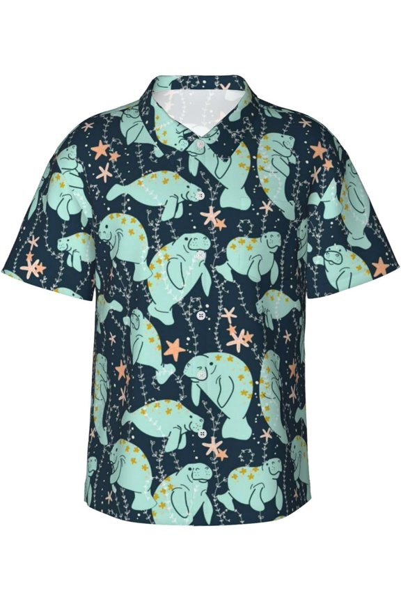 Manatee Starfish Pattern Mens Hawaiian Shirt Short Sleeve Casual Button Up Tropical Summer Beach Shirt