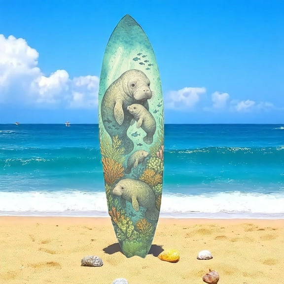 Manatee Surfboard Wall Art – Coastal PVC Beach Decor, Under the Sea Ocean Theme Sign, Weatherproof Outdoor Surfboard with Manatees & Coral