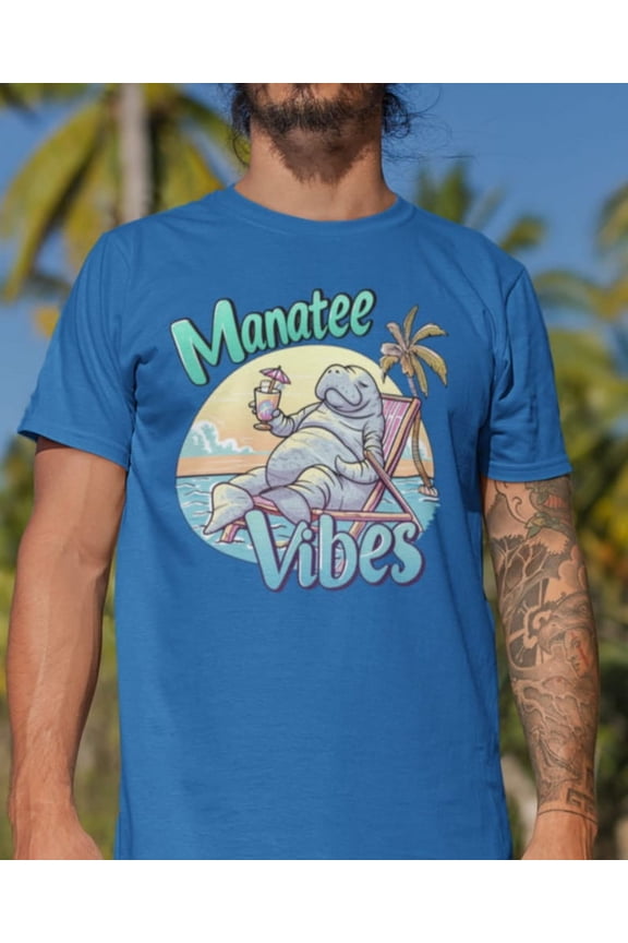 Manatee T-Shirt Relaxing Summer Tee with Tropical Sunset Cute Animal Drinking Cocktail Graphic Unisex Vacation Shirt Gift for Manatee Lover