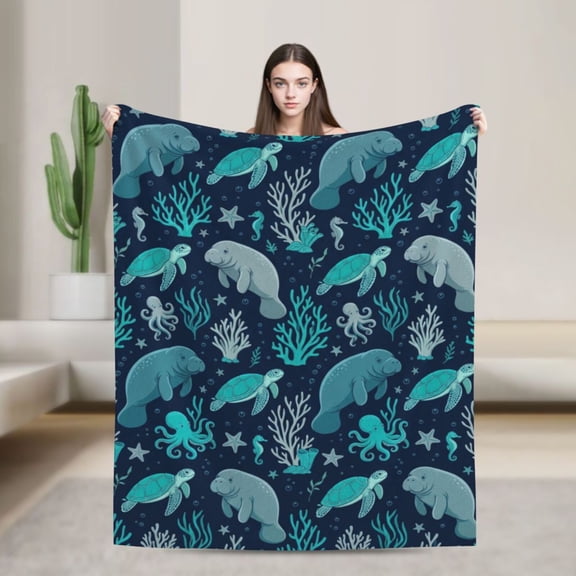 Manatee Throw Blanket Minimalist Coastal Farmhouse Style Bedding Throw, Beautiful Room Accent 50x40