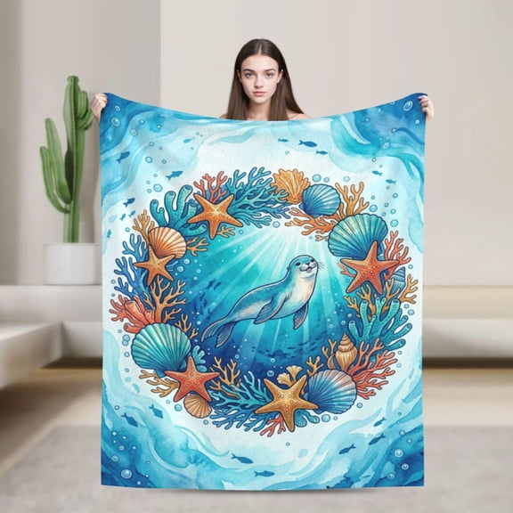 Manatee Throw Blanket Whimsical Artistic Sea Cow Printed Blanket for Couch, Cozy Warm Bed Decor 50x40