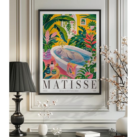 Manatee in Bathtub Art Print Matisse Style Bathroom Poster Whimsical Animal Wall Art Funny Bathroom Decor