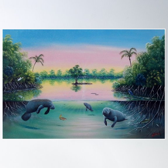 Manatees Below Mangroves Poster Wall Art, Modern Wall Decor For Living Room Bedroom, 8x12 UNFRAMED