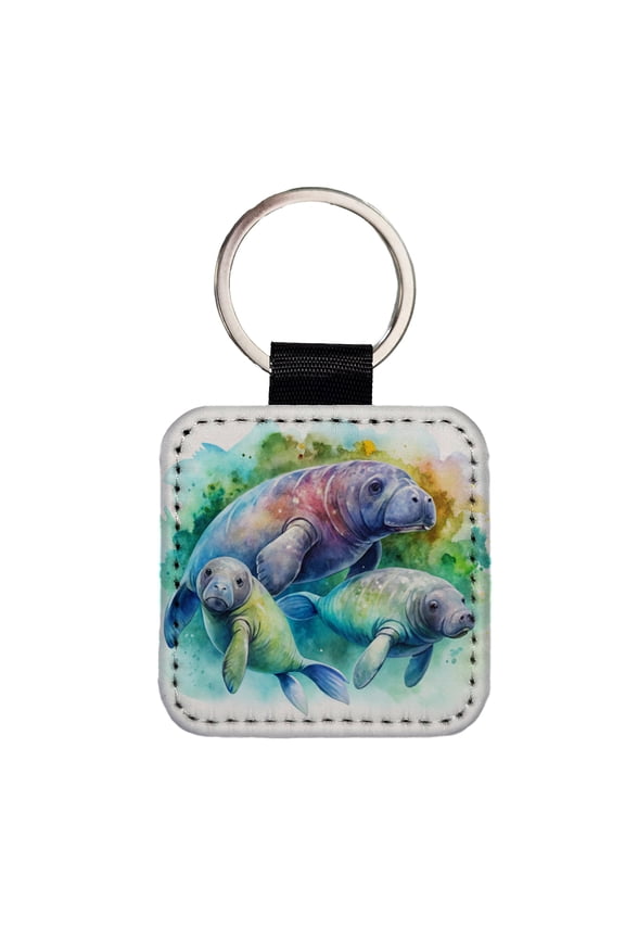 Manatees Family Watercolor Faux Leather Square Keychain