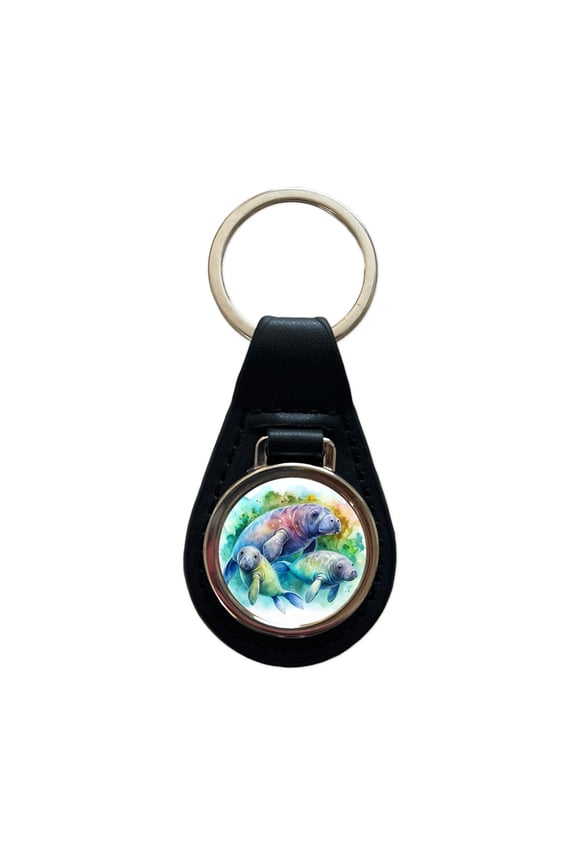 Manatees Family Watercolor Metal Black Leather Keychain