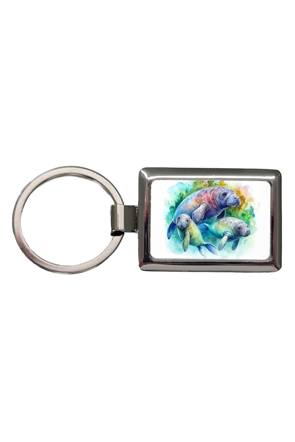 Manatees Family Watercolor Metal Rectangle Keychain