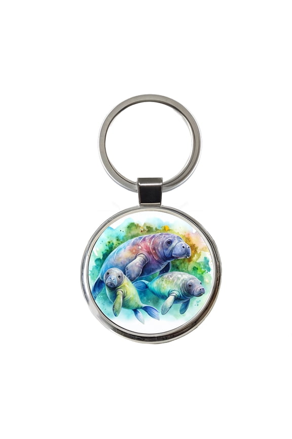 Manatees Family Watercolor Metal Round Keychain