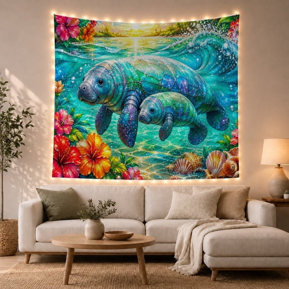 Manatees in Tropical Water Serene Coastal for Ocean Lovers Ocean Inspired Decor Housewarming Gift Tapestry Wall Hanging for Bedroom and Living Room