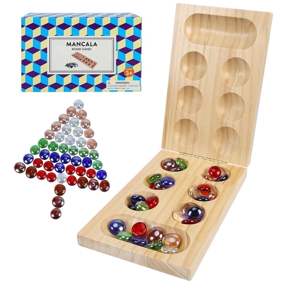 Fugocen Mancala Board Game 48 Glass Mancala BeadsClassic Table Game with Wooden Board for Adults & Kids -