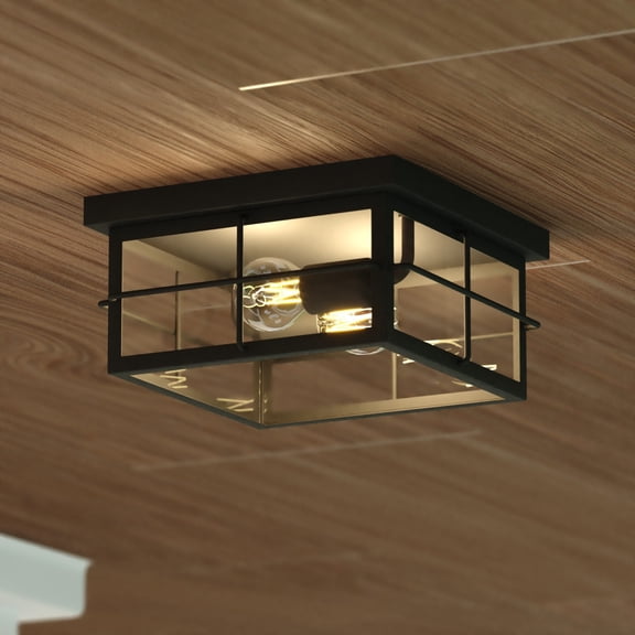Manchester 2-Light Matte Black Outdoor Flush Mount Ceiling Light Square Mission Porch Light with Clear Glass