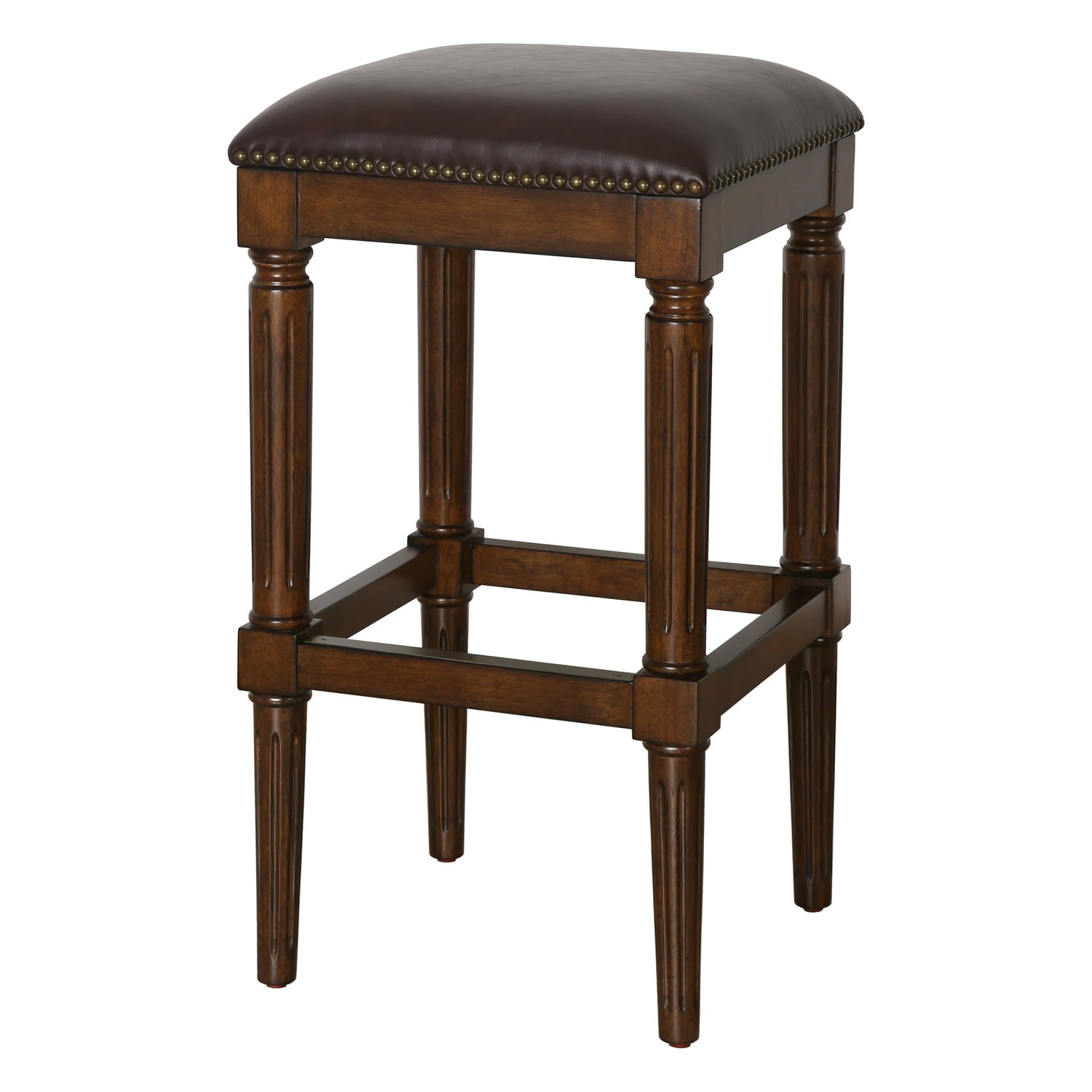 Distressed Walnut 30" Backless Bar Stool with Faux Leather Seat