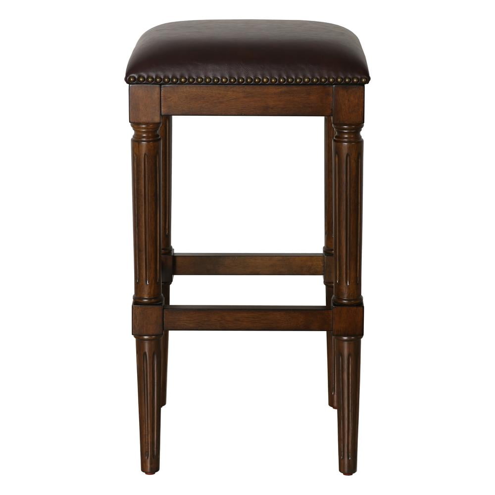 Distressed Walnut 30" Backless Bar Stool with Faux Leather Seat