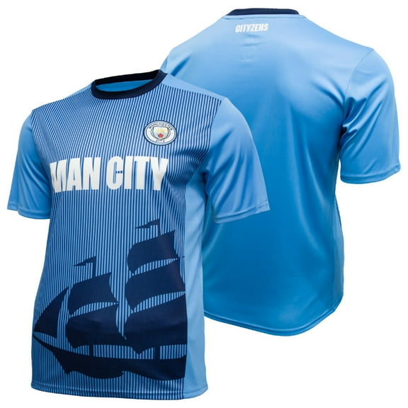 Manchester City Official Licensed Sublimation Logo Poly Soccer Stripes Design Jersey - Small [Add Custom Name/Number]