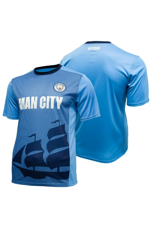 Manchester City Official Licensed Sublimation Logo Poly Soccer Stripes Design Jersey - Small [Add Custom Name/Number]