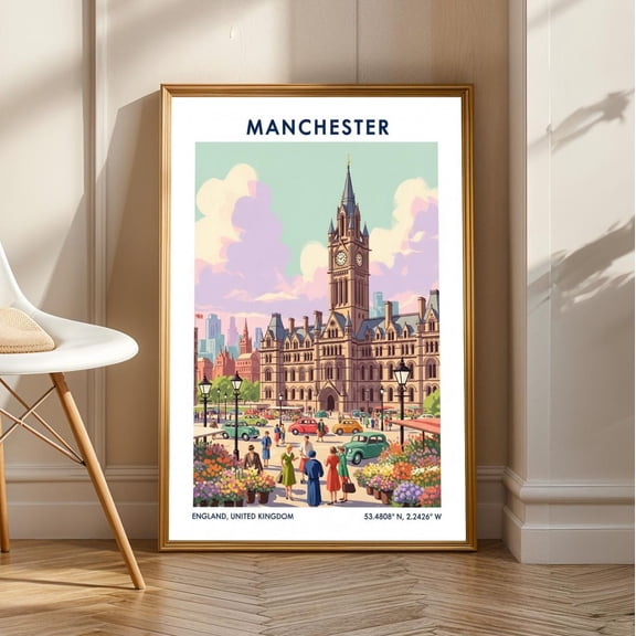 Manchester Clock Tower Art Print: Retro Uk Travel Poster, Unframed Poster Size 16x24