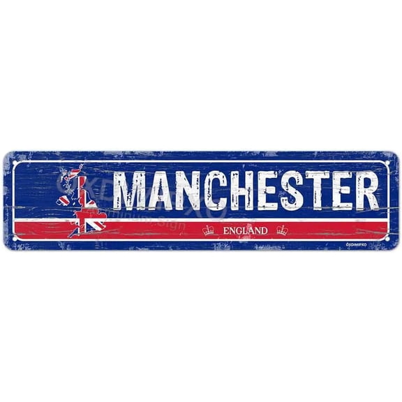 Manchester, England - Britain Flag Themed Gifts Vintage Bar Room Decor, England City Sign - Metal Novelty United Kingdom Sign, Personalized Aluminum Man Cave/Restaurant/Pub Wall Art - 4x16 Inches
